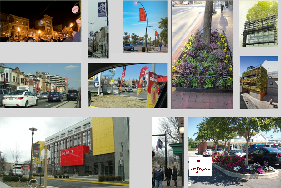 Examples of how creating visual statements in urban settings improve the visual landscape.  Most redevelopments take a long time to reach fruition.  In the meantime, lights or projections, banners, locational signage, flags, lush landscaping, extending even onto a vertical surface will add color and soften the over abundant hardscape; and, adding repetitive elements such as benches, tables, and kiosks will create the desire to linger.